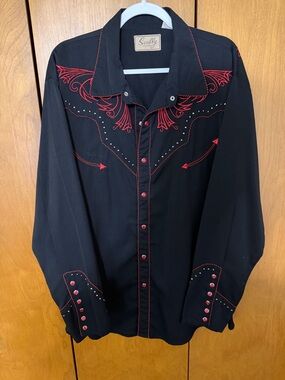 Scully Black Shirt with Red Western Embroidery